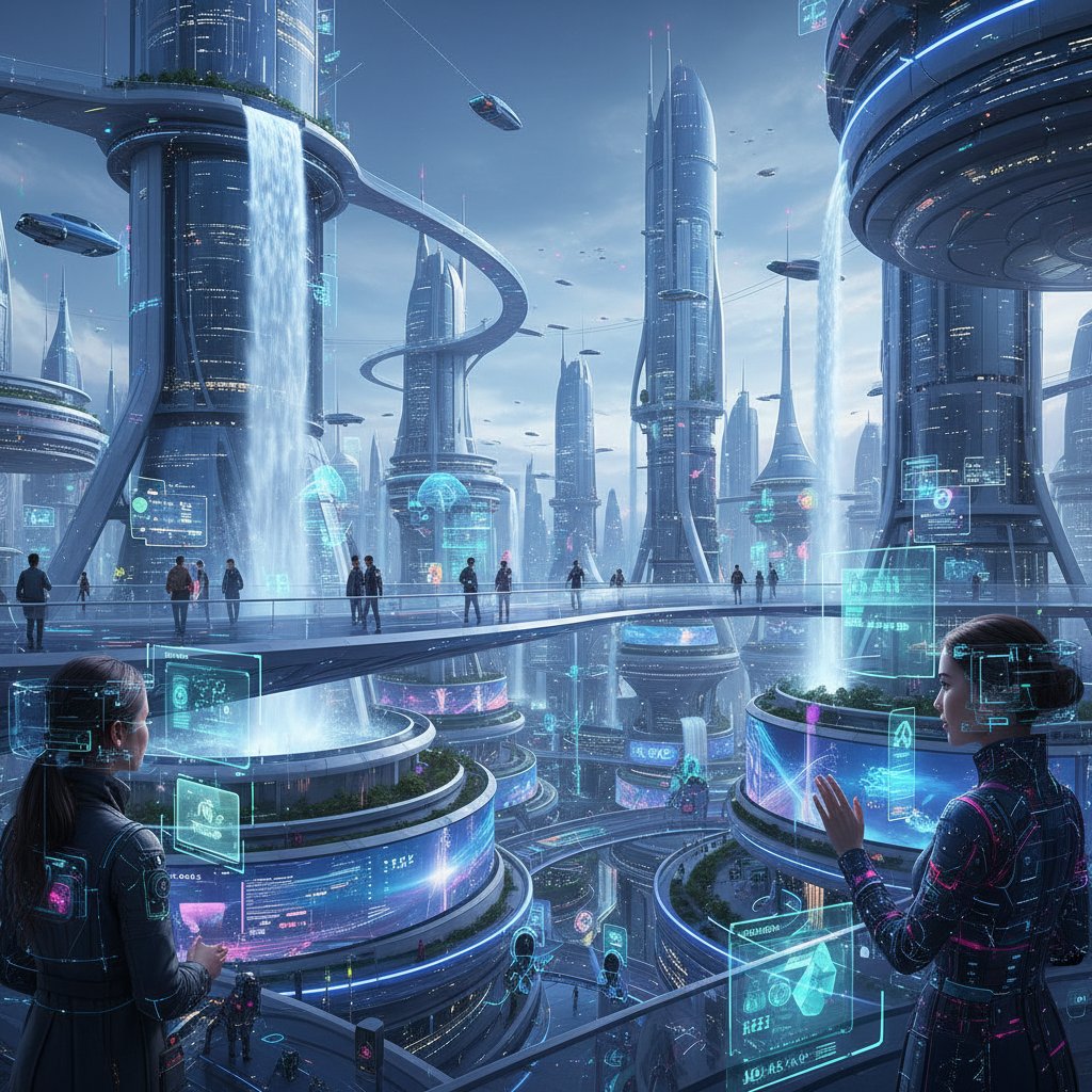 Miasto przyszłości z dominującą technologią i elementami AI oraz ludziami w otoczeniu cyfrowym