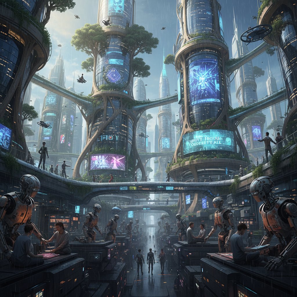 Zdjęcie miasta przyszłości z obecnością ludzi i AI w harmonii, symbolizujące możliwe scenariusze rozwoju AI