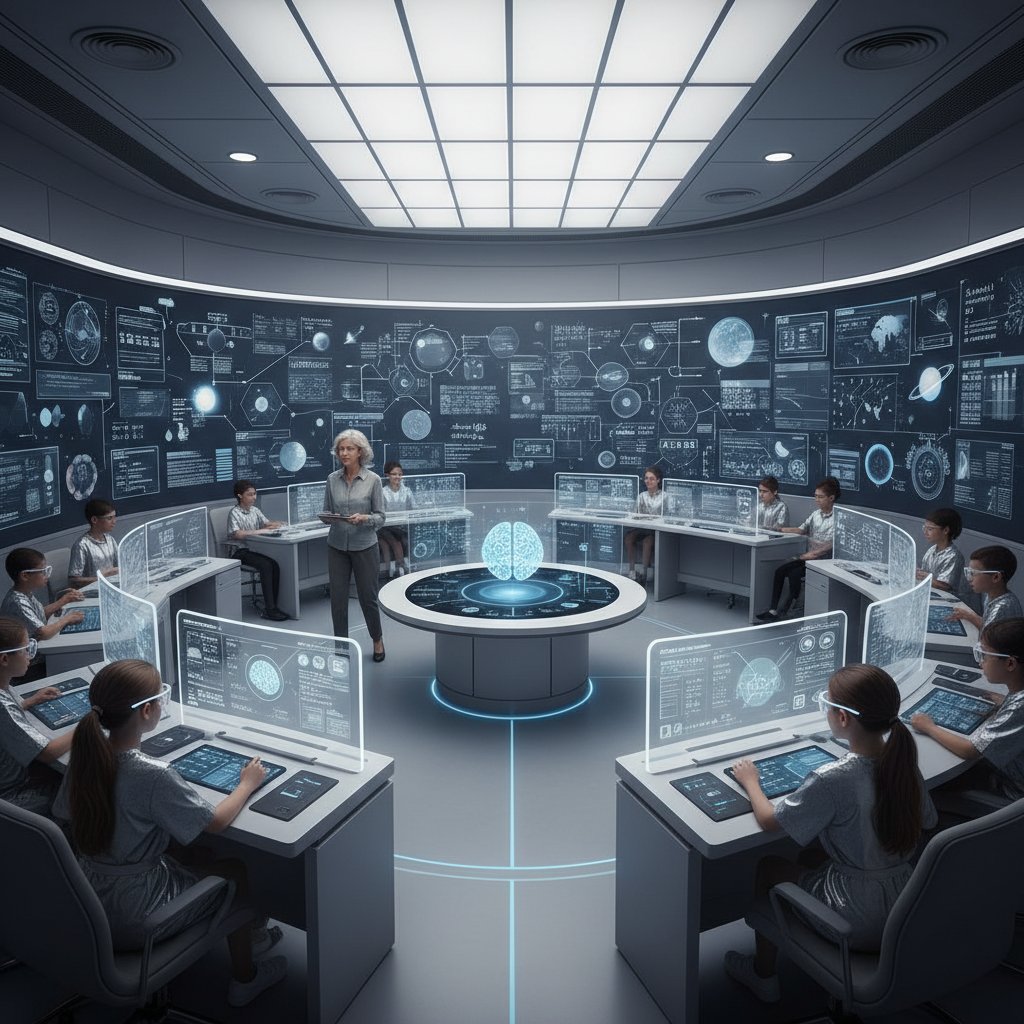 Sala edukacyjna przyszłości, interaktywne ekrany, uczniowie pracujący indywidualnie