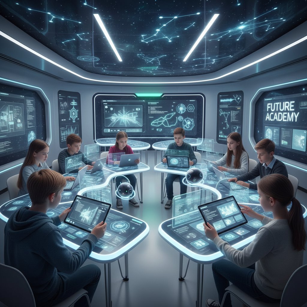 Klasa przyszłości: uczniowie z tabletami, AI na ekranach, praca w grupach – symbol rewolucji edukacyjnej
