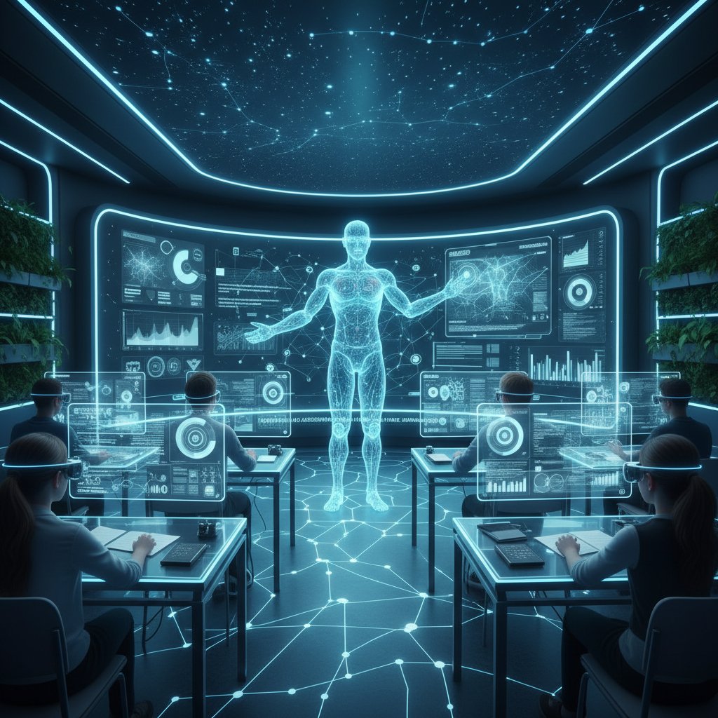 Klasa przyszłości z technologią AI, nauczyciel analizuje dane na tablecie, nowoczesna ocena formatywna