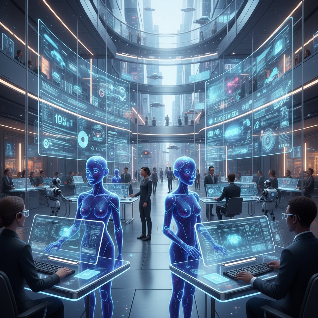 Nowoczesne biuro obsługi klienta z cyfrowymi avatarami AI, dynamiczna scena, przyszłość technologii