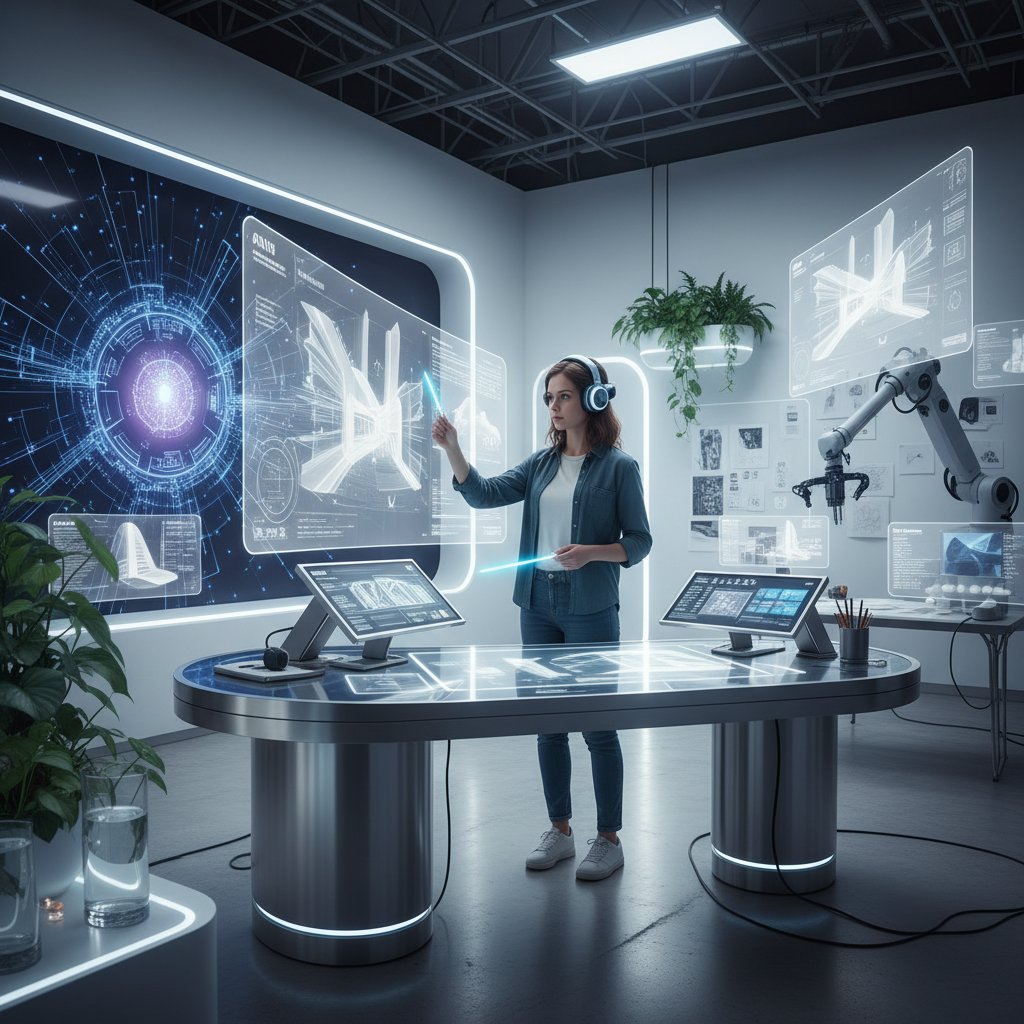 Projektant przyszłości pracujący z AI, nowoczesne studio, zaawansowane technologie, kreatywność