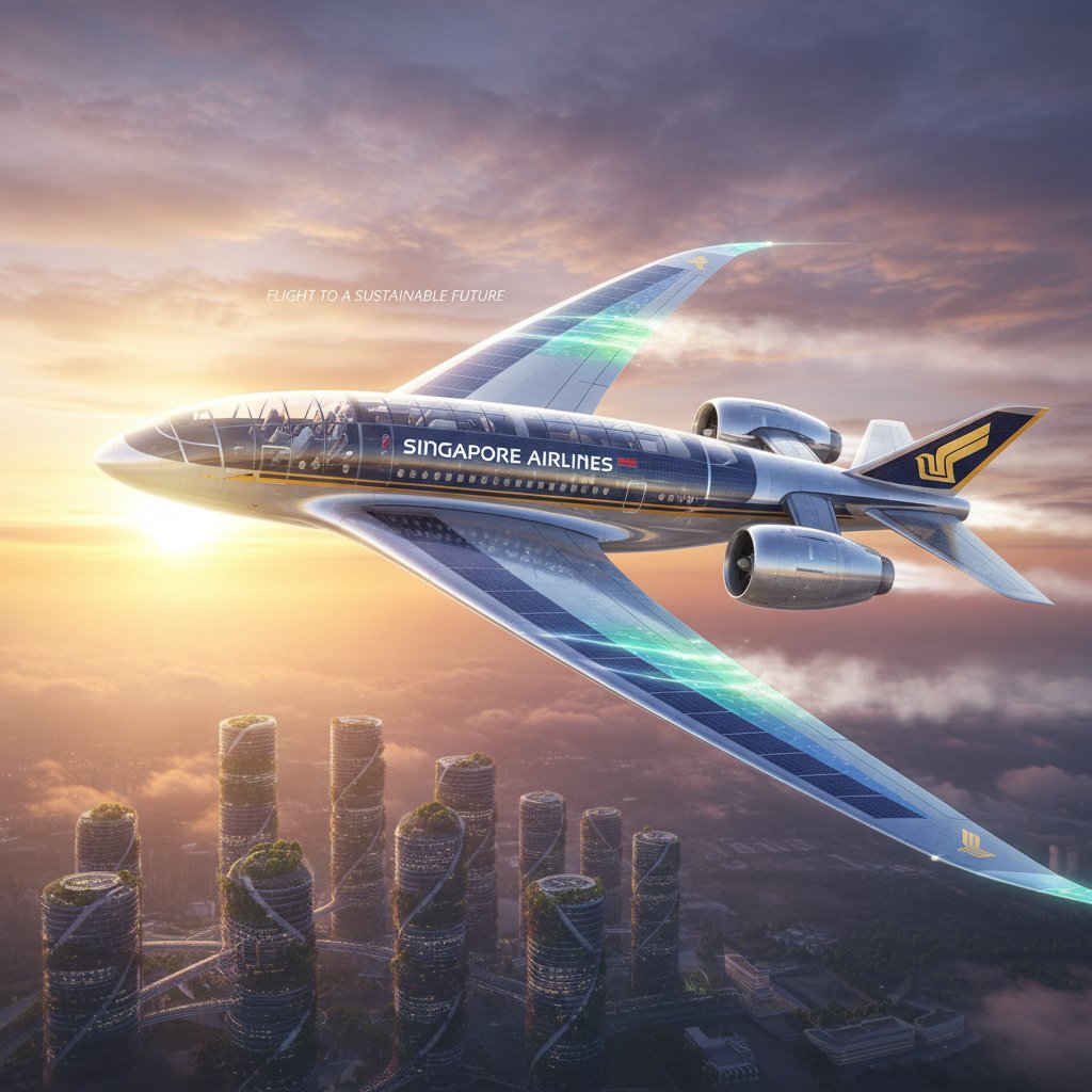 Futuristic eco-friendly Singapore Airlines aircraft, sunrise, inspirational 16:9