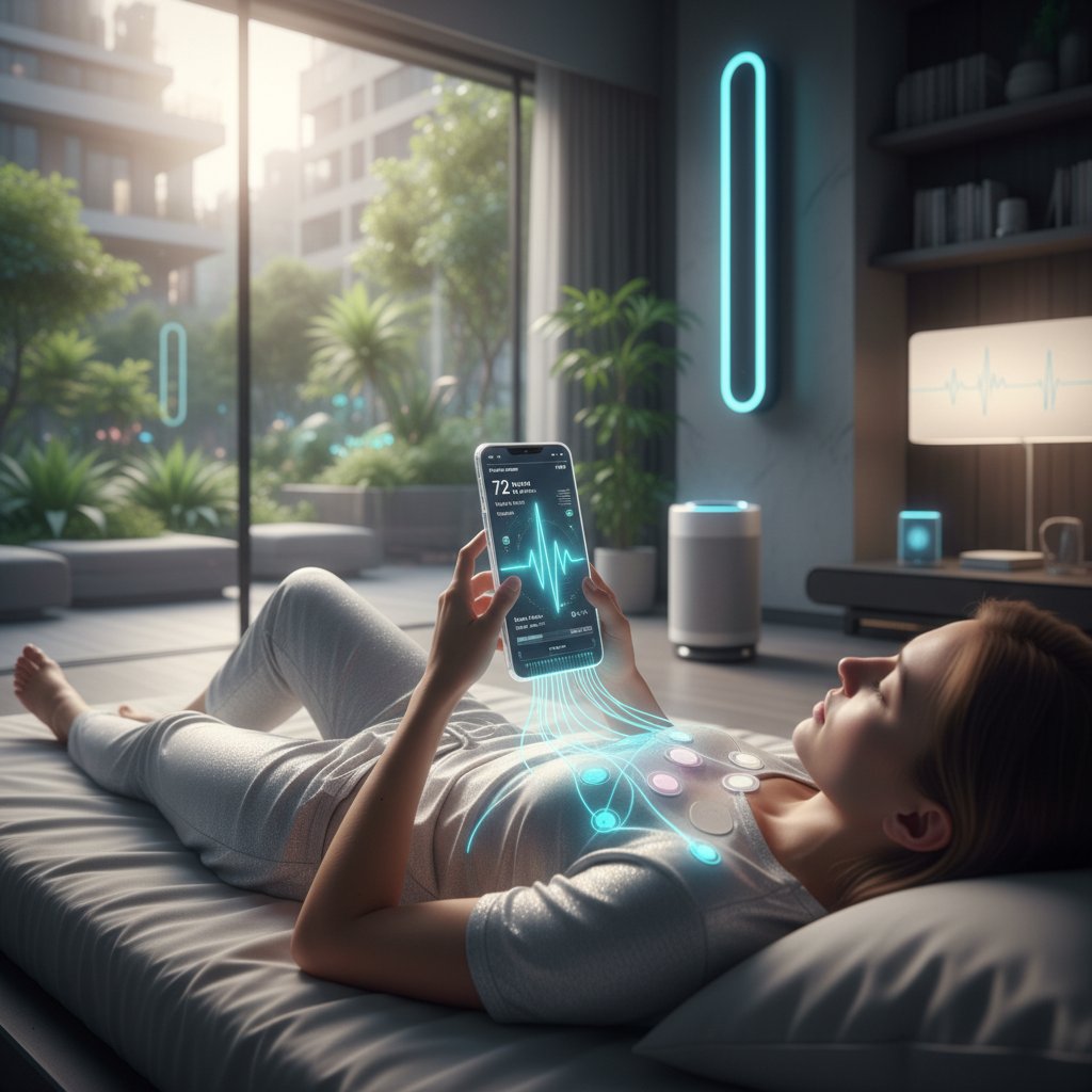 Przyszłość EKG – pacjent wykonujący EKG za pomocą smartfona w domu