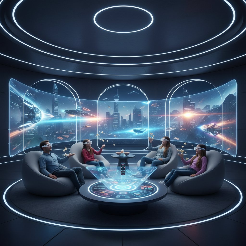 Family immersed in a futuristic, tech-enhanced movie night, symbolizing the future of family movie night with immersive technology.