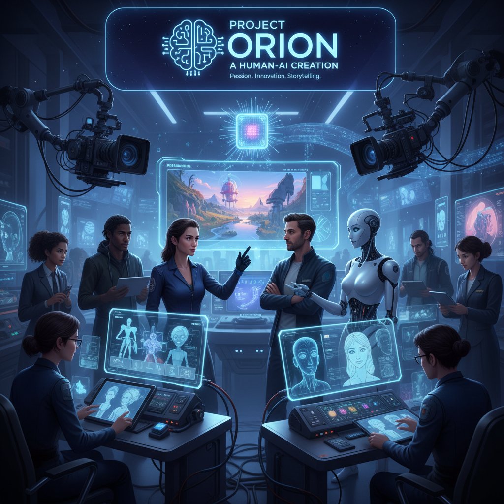 Future of filmmaking: Futuristic set with AI technology and human visionaries collaborating on cinematic passion project