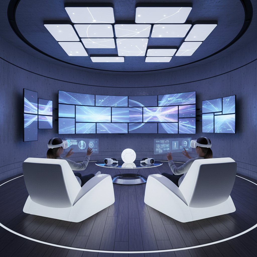 Future home cinema setup, modular screens, VR headset, neon lighting