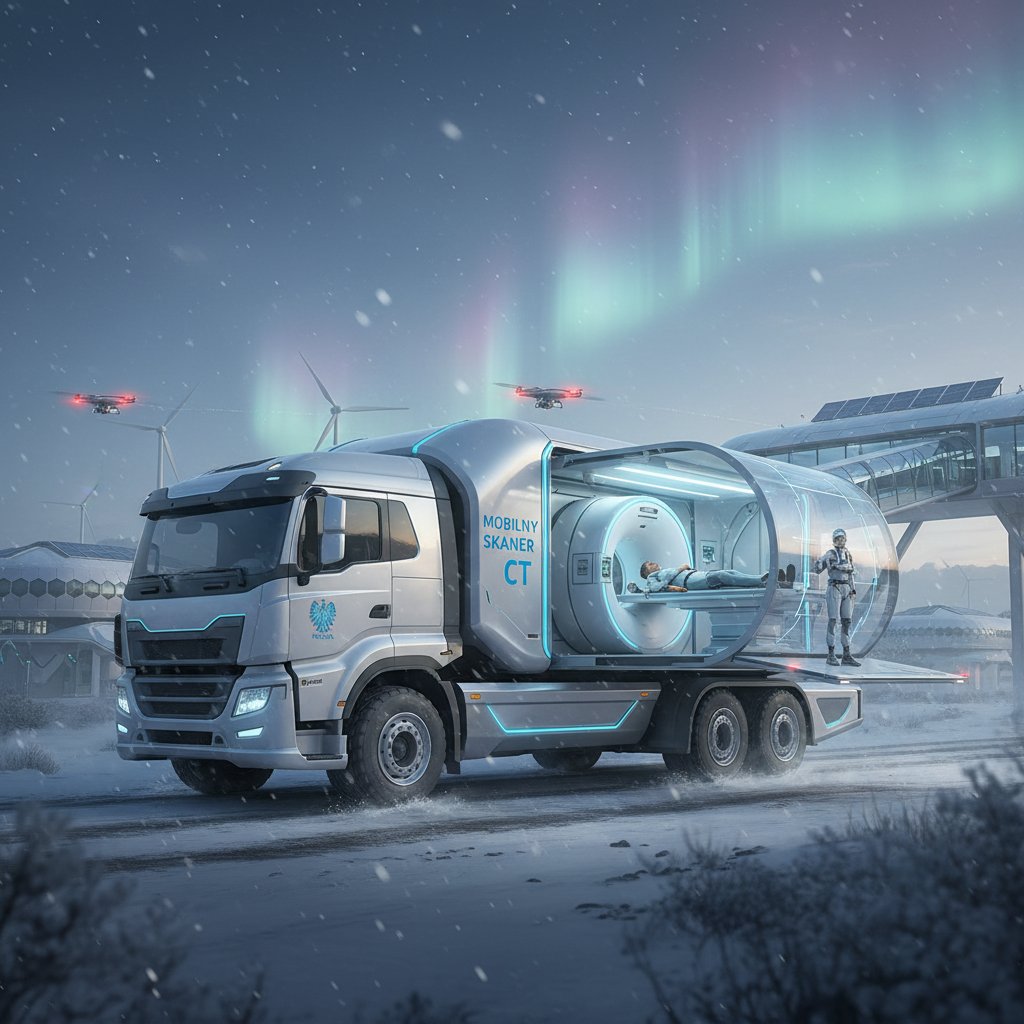 Nowoczesny szpital z mobilnym tomografem komputerowym, symbol przyszłości polskiej diagnostyki