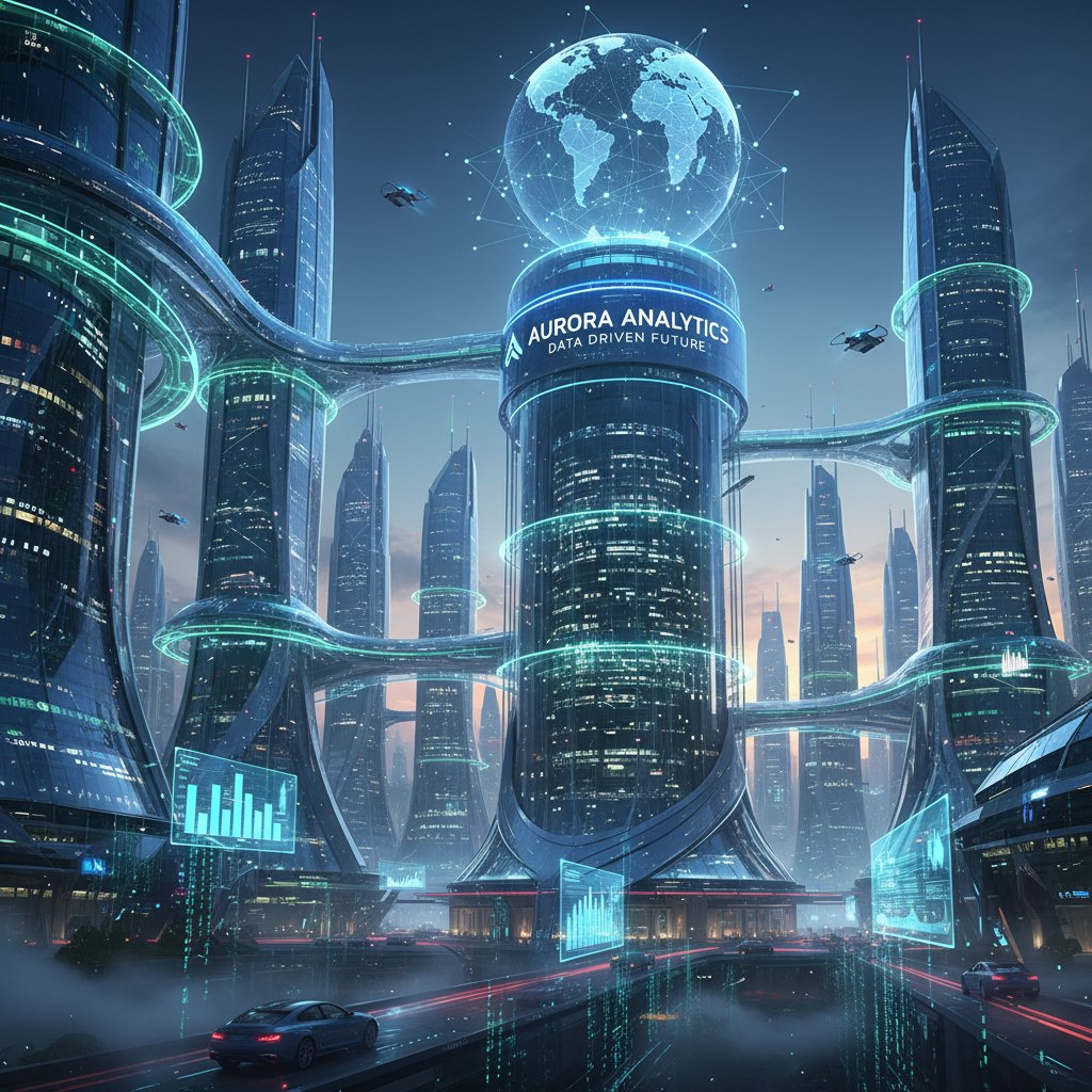 Future of data-driven business automation, with city skyline and digital data streams symbolizing transformation