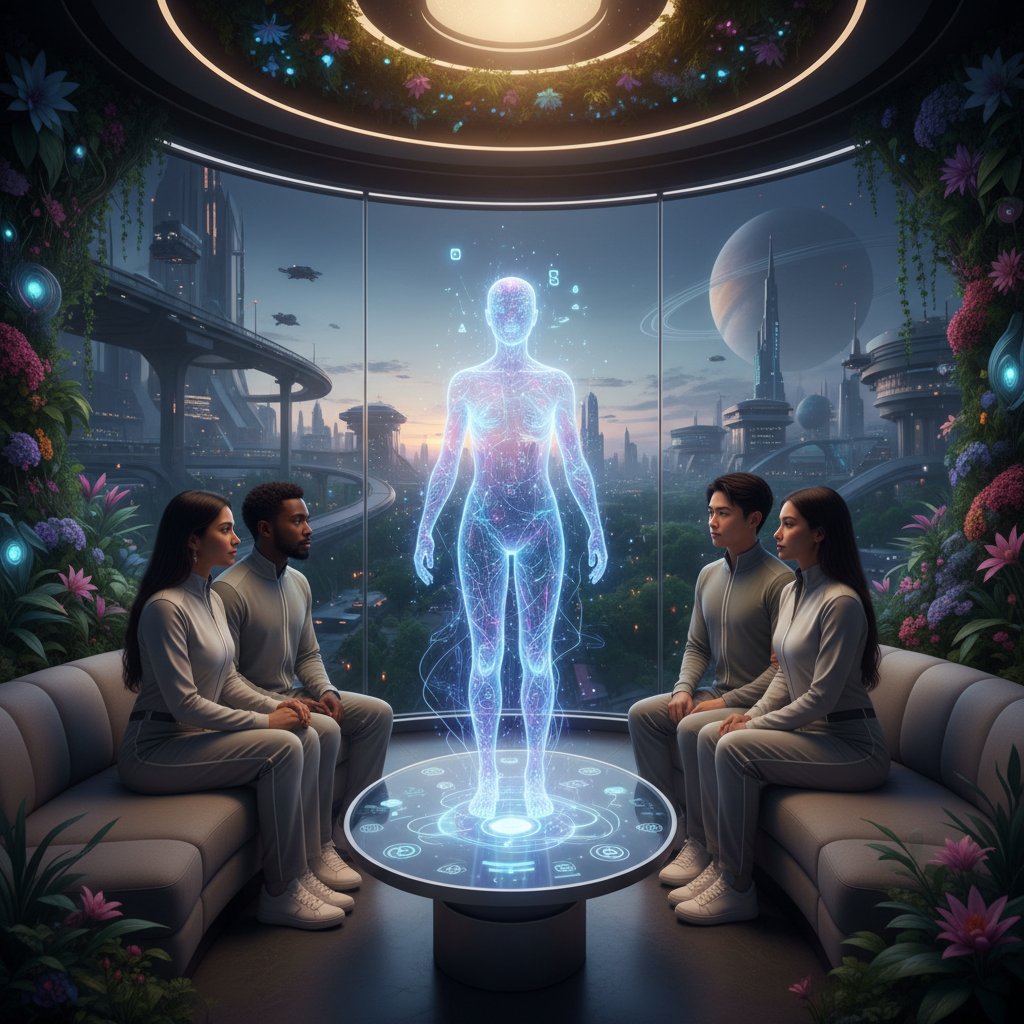 A diverse group of couples using smartphones and tablets in a cozy living room, symbolizing the future of AI-powered relationship mediation