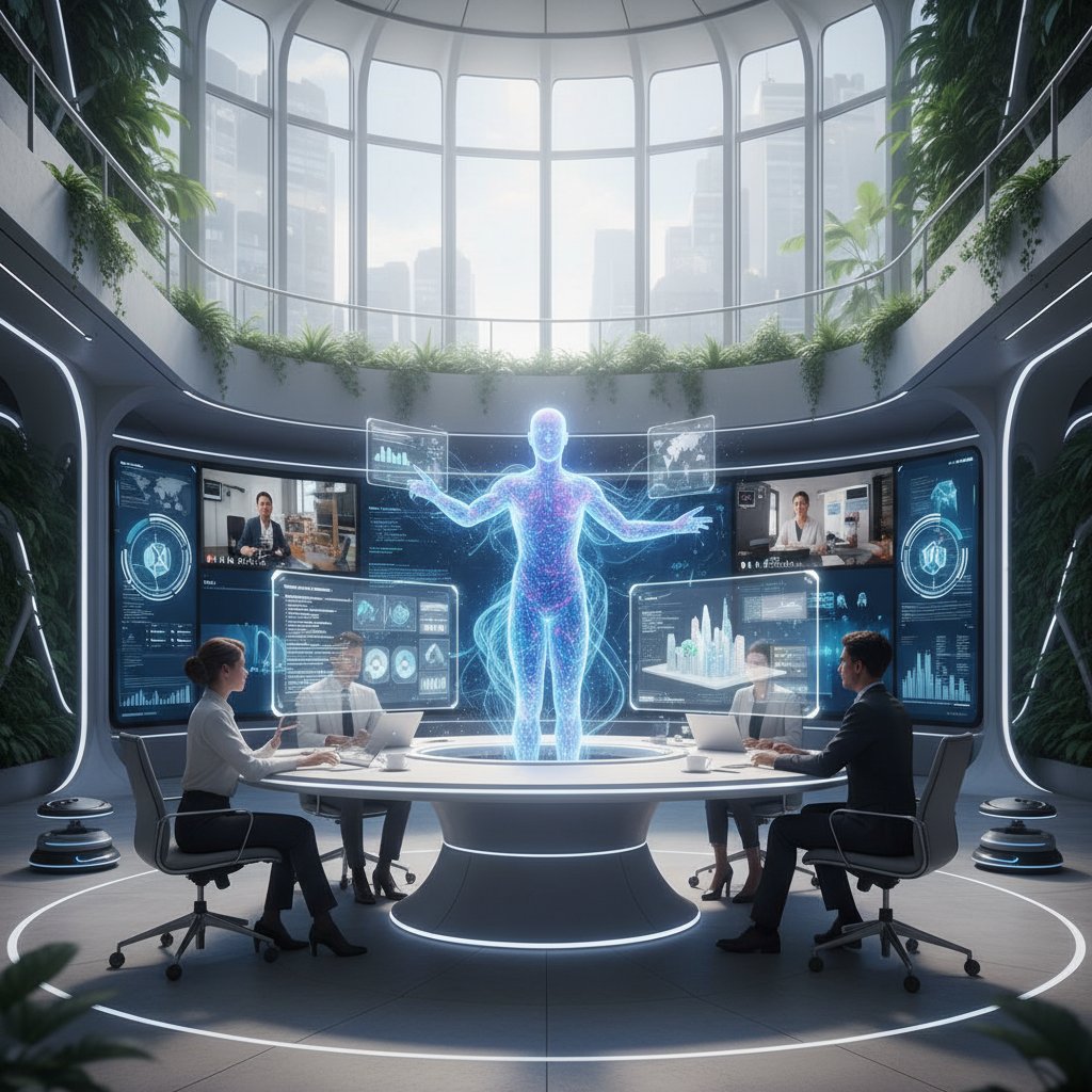 Nowoczesne biuro z zespołem ludzi i cyfrowym asystentem AI, symbolizującym przyszłość pracy