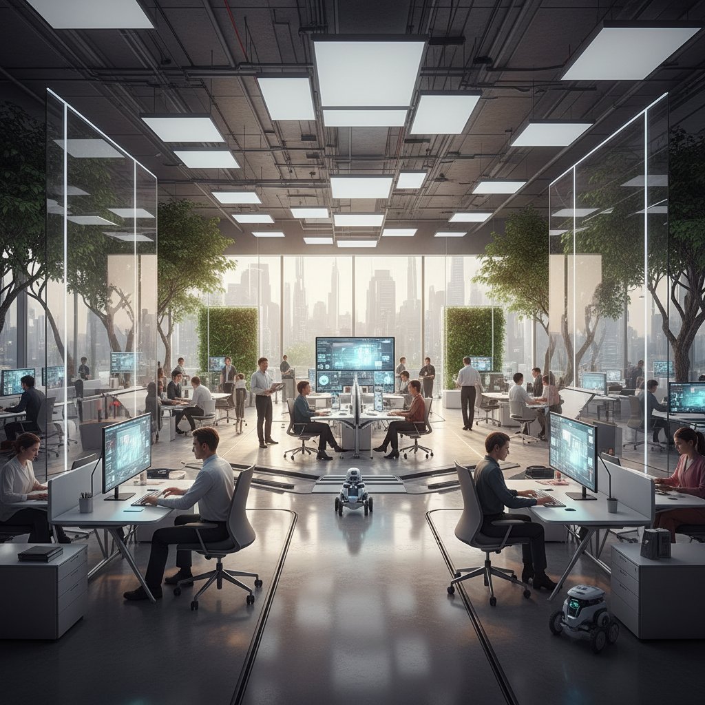 Nowoczesne biuro przyszłości, symbol ciągłej adaptacji, ludzie pracujący na różnych urządzeniach