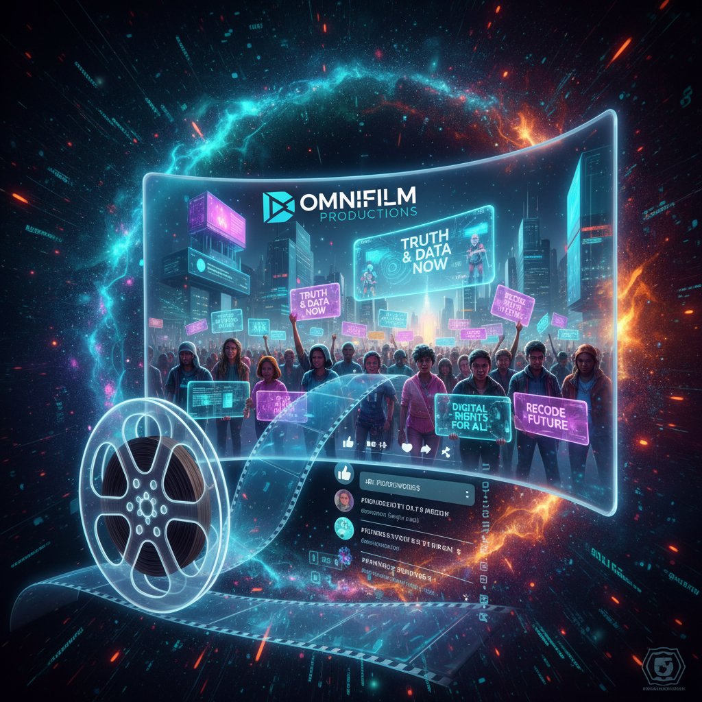 Abstract, digital montage showing film reel unspooling into a network of social media icons and protest signs, representing the future of political cinema