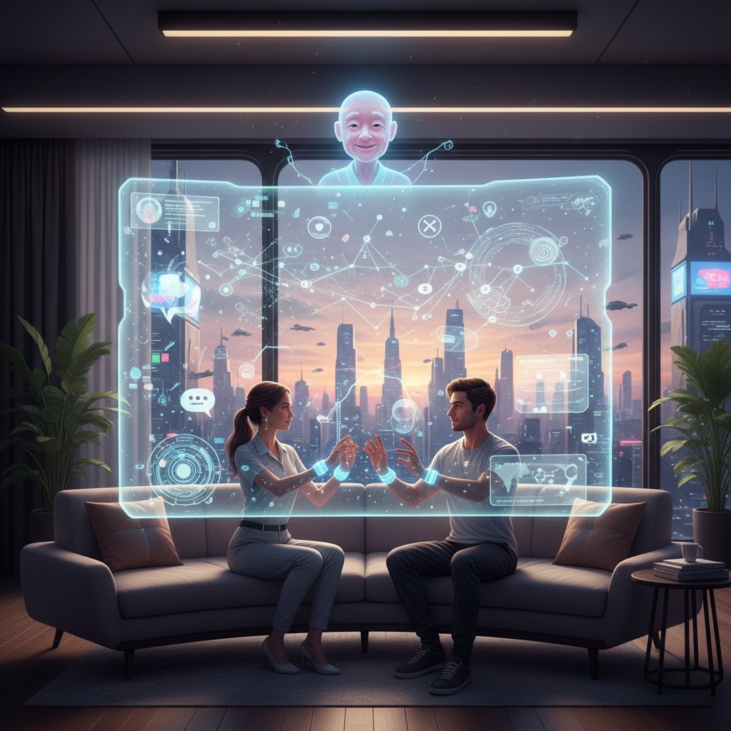 The future of relationship support: Couple interacting with holographic display, hopeful tone