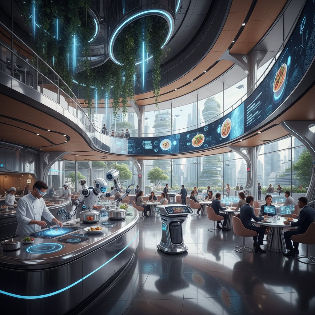 Restauracja przyszłości z robotami i ludźmi pracującymi razem, kontrastowe światło, nowoczesna architektura