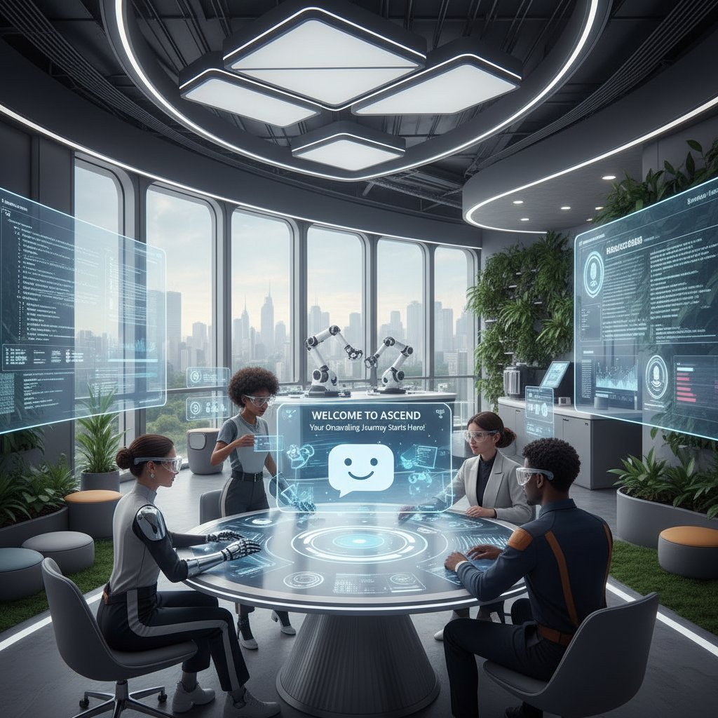 Zespół w nowoczesnym biurze analizuje trendy onboardingowe – przyszłość chatbotów w firmach