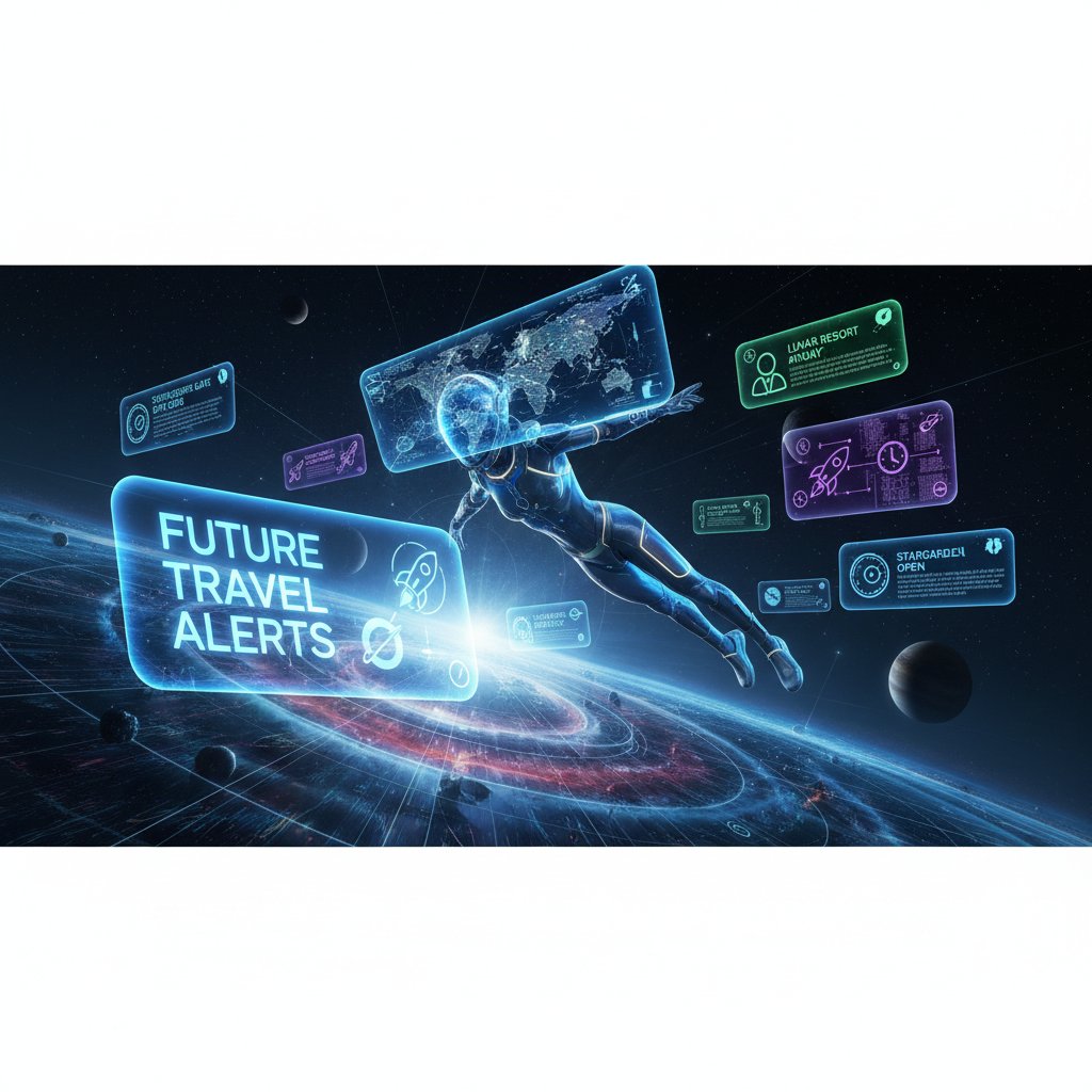 Metaphorical image of traveler surrounded by floating notification bubbles, symbolizing the future of flight alerts and AI travel notifications