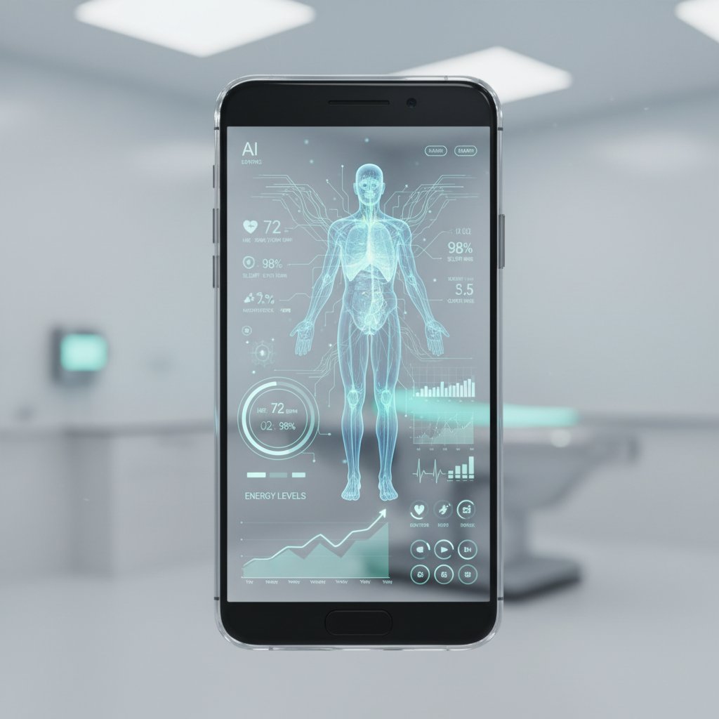 Interfejs wirtualnego asystenta zdrowotnego na smartfonie, kluczowe słowa: szybkie odpowiedzi medyczne, AI