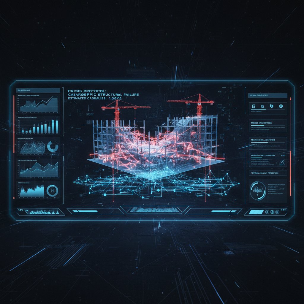 Nowoczesny interfejs symulatora AI z wizualizacją kryzysu na placu budowy, innowacyjne zarządzanie ryzykiem