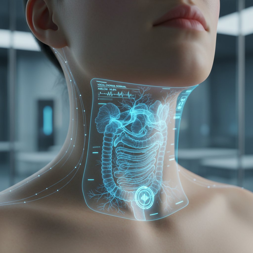 Futurystyczne, cyfrowe nakładki na zdjęcie gardła, ilustrujące działanie AI w diagnostyce