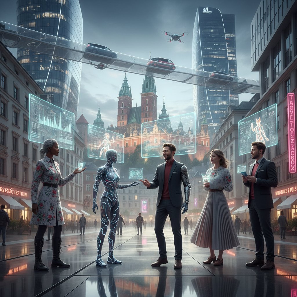 Grupa młodych ludzi w Polsce rozmawiających z holograficznym AI w nowoczesnym, futurystycznym otoczeniu