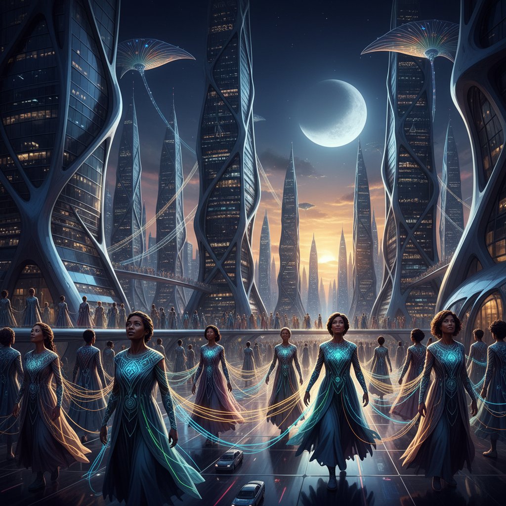 Przyszłość koregulacji – różnorodne osoby połączone świetlistymi nićmi nad miastem nocą