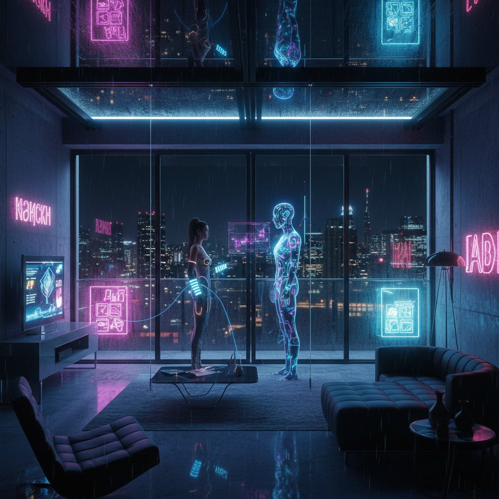 Futurystyczna scena: człowiek rozmawiający z awatarem AI w polskim mieszkaniu nocą, terapia behawioralna