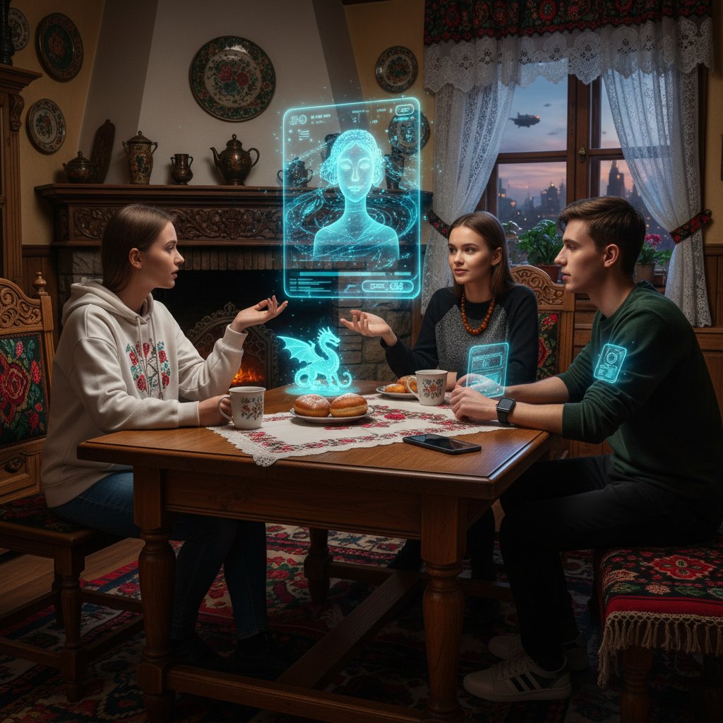 Młodzi Polacy rozmawiający z hologramem AI, przyszłość rozmów online