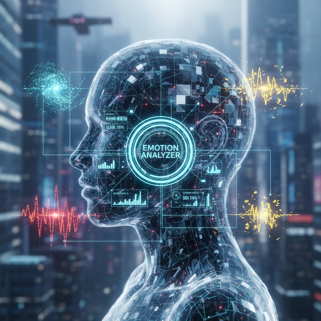 Futuristische Abbildung einer Person, die von einem Tablet aus digitale Hilfe und emotionale Analyse erhält, modernes Wohnzimmer, entspannte Atmosphäre