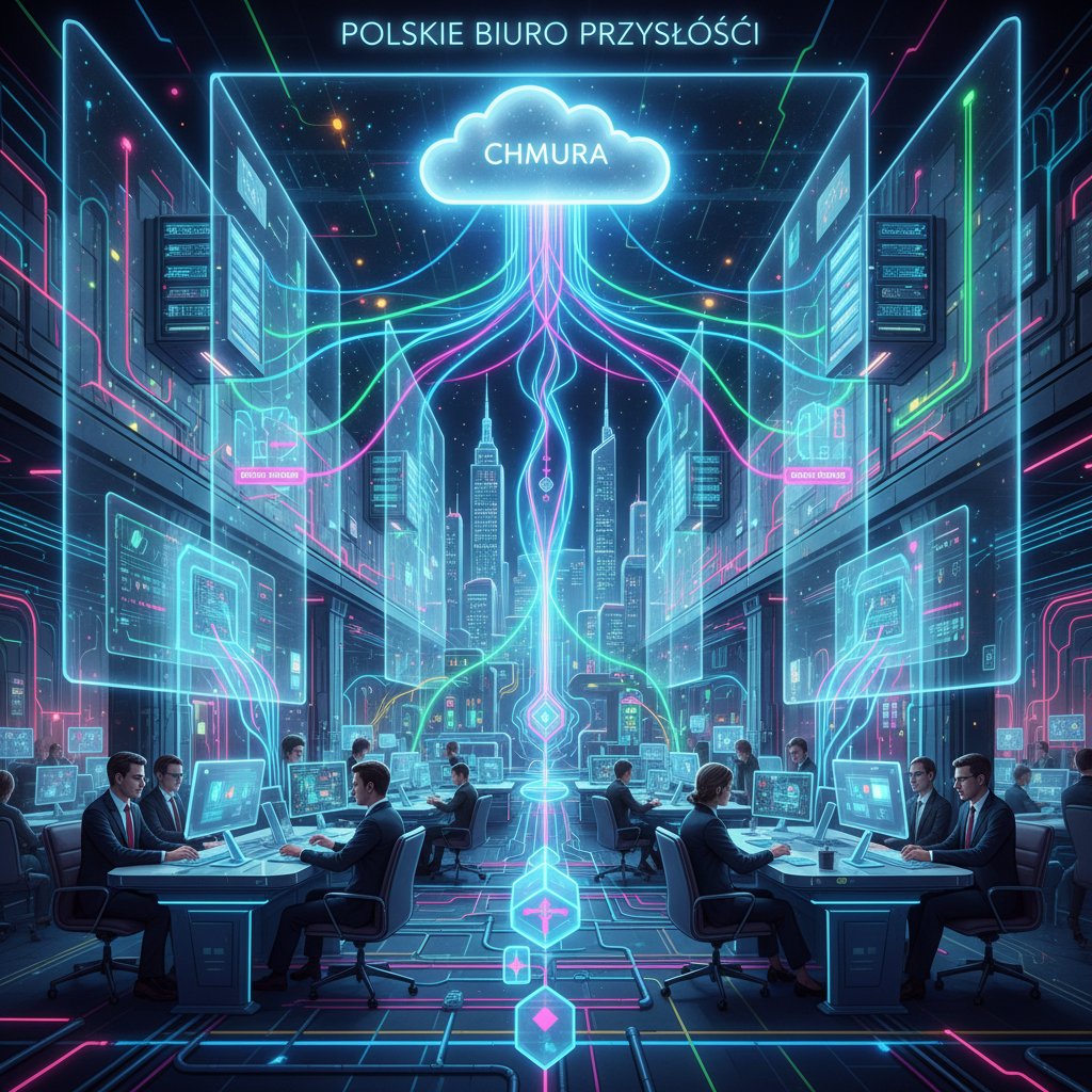 Ilustracja futurystyczna: warszawskie biuro, urządzenia łączące się z różnymi chmurami i węzłami edge – energia cyfrowa
