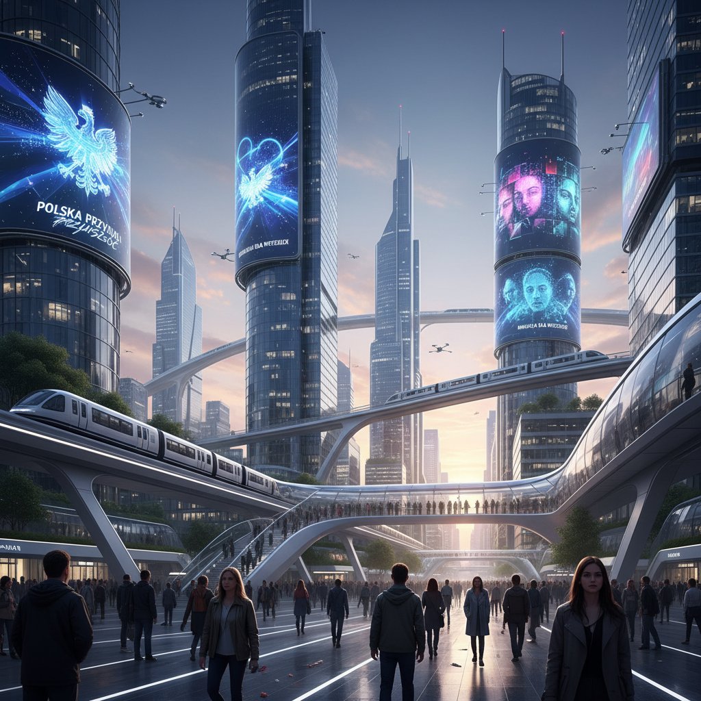 Przyszłościowy krajobraz miasta z cyfrowymi billboardami i interaktywną reklamą.