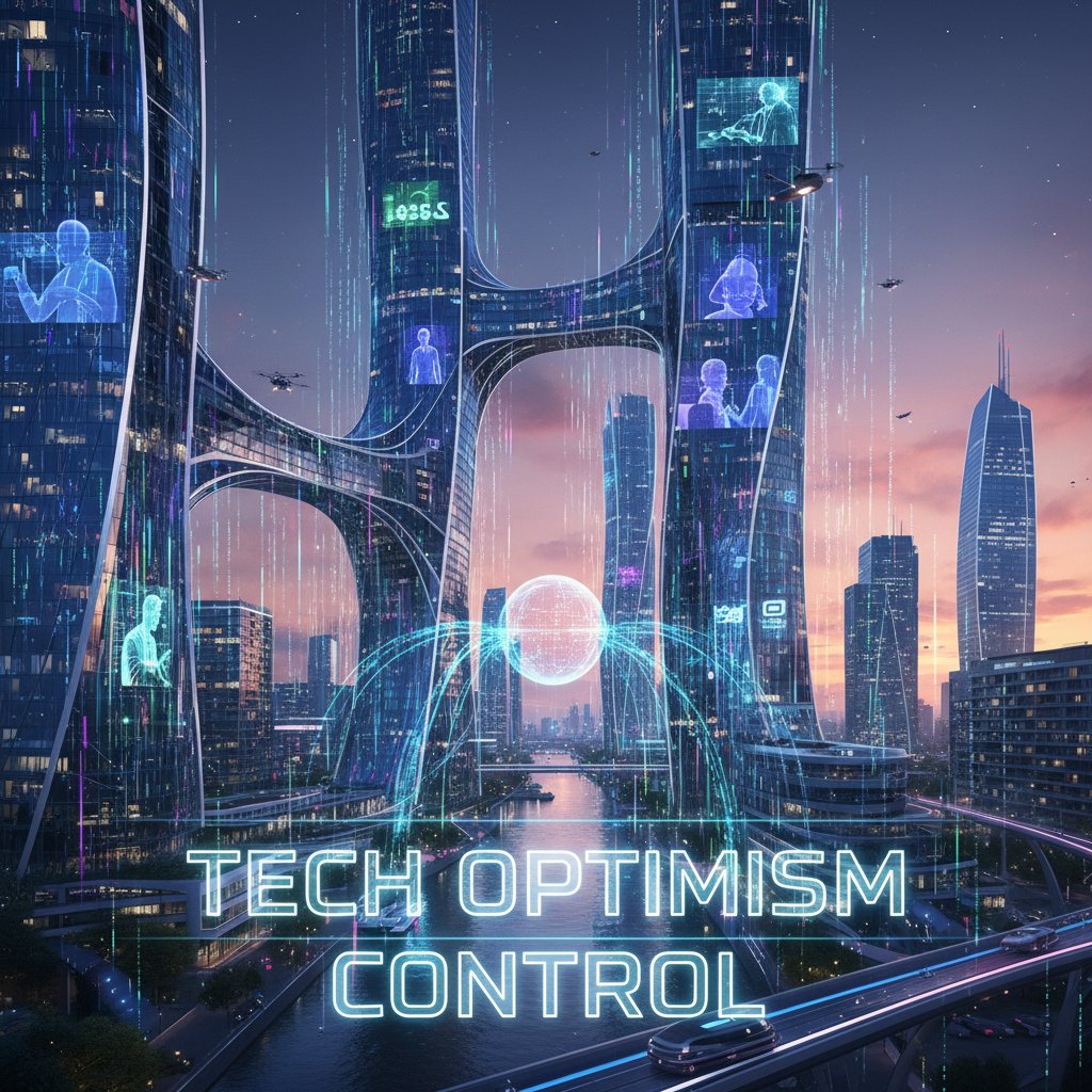 Futurystyczna panorama polskiego miasta, strumienie danych, sylwetki dyskutujące online, optymizm i kontrola