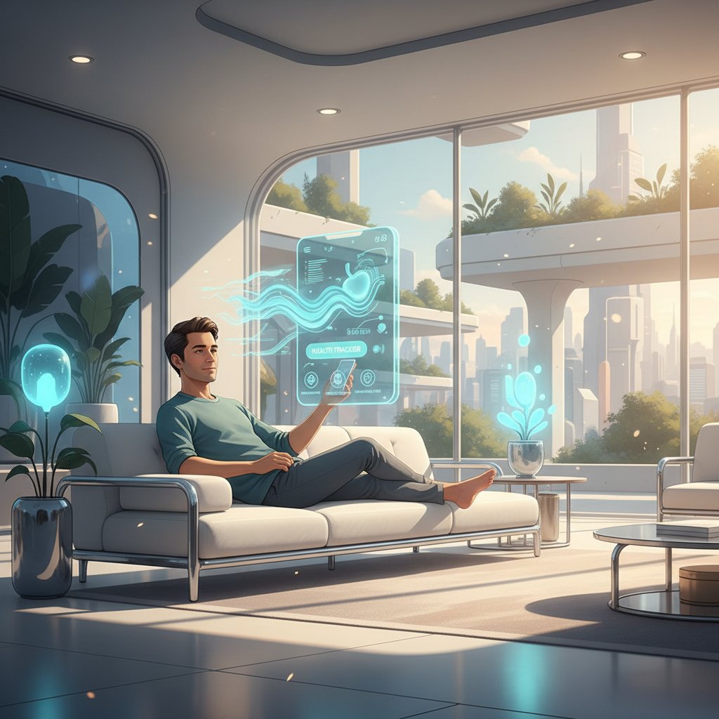 Pacjent korzystający z aplikacji zdrowotnej do monitorowania stanu cewki moczowej, nowoczesne wnętrze domu, optymistyczne oświetlenie