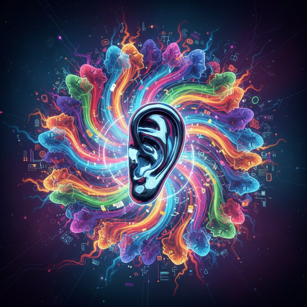 Symboliczne ucho AI otoczone ludzkimi głosami, futurystyczny motyw