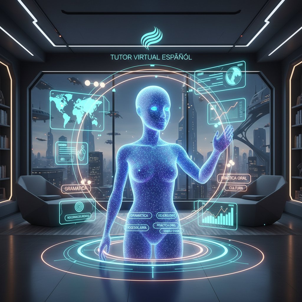 Futurystyczny interfejs AI do nauki hiszpańskiego na ekranie komputera