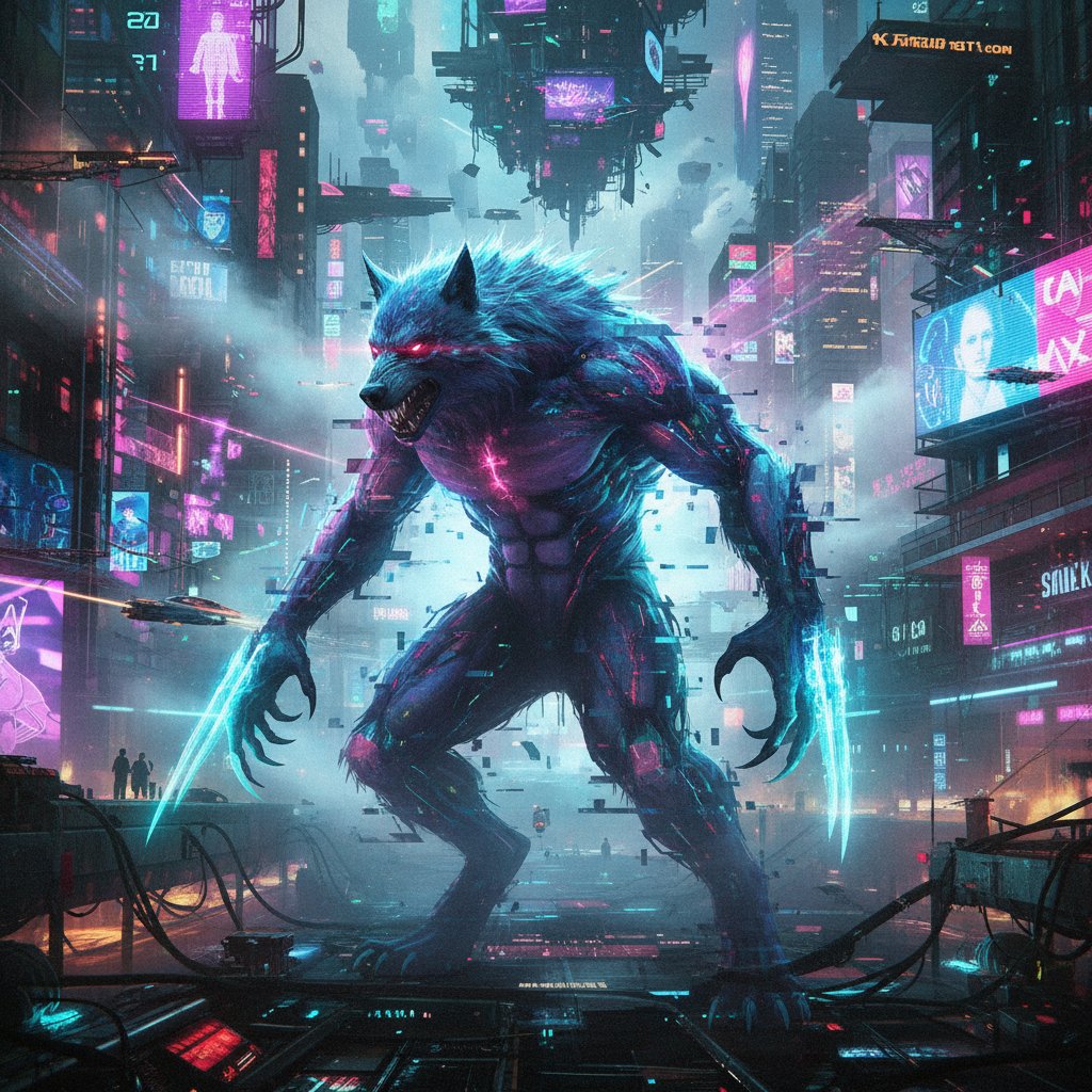 Futuristic photo of a werewolf with digital glitch effects emerging from virtual fog in a neon cyberpunk city, symbolizing the next evolution of horror cinema