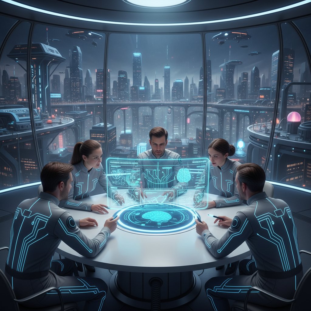 Futuristic photo of a diverse academic team working on a custom-built software dashboard, showing innovation in research software solutions