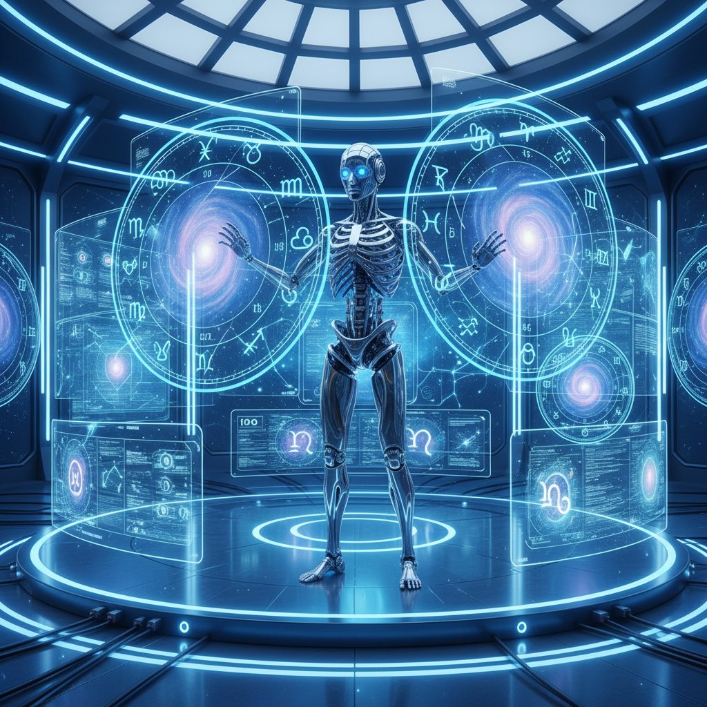 Sztuczna inteligencja analizująca wykresy zodiaku na futurystycznych ekranach, błękitne światło neon