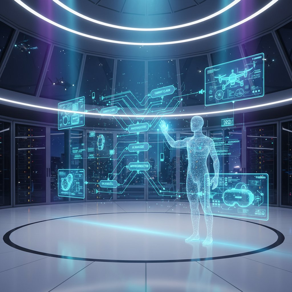 Futuristic AI automating warranty claims autonomously with holographic digital elements and streamlined interfaces