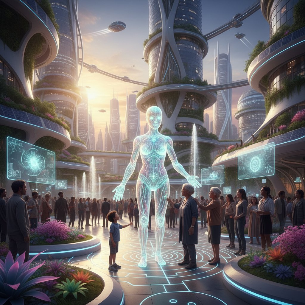 Empatyczna AI wśród ludzi w futurystycznym mieście, AI rozmawia z różnorodną grupą osób na placu