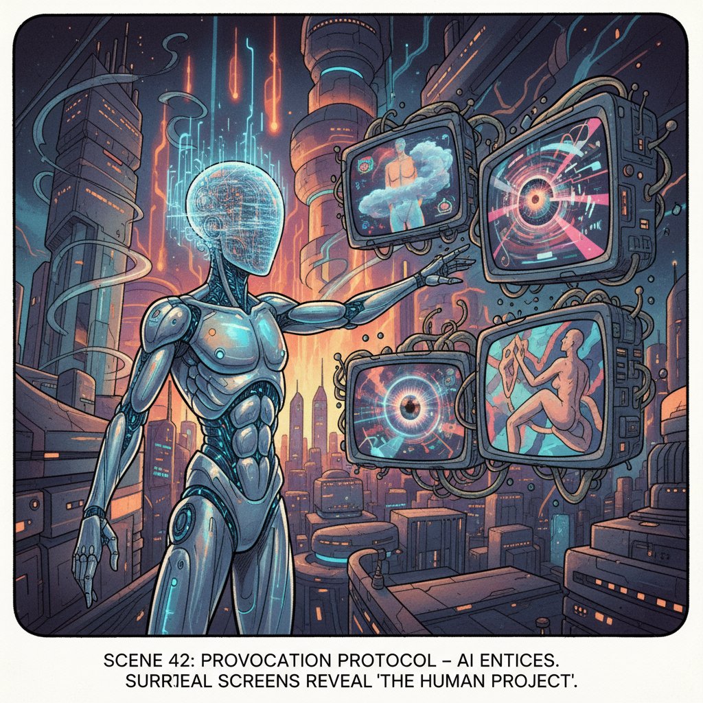 A futuristic AI system generating provocative film concepts, with monitors displaying surreal, boundary-pushing content