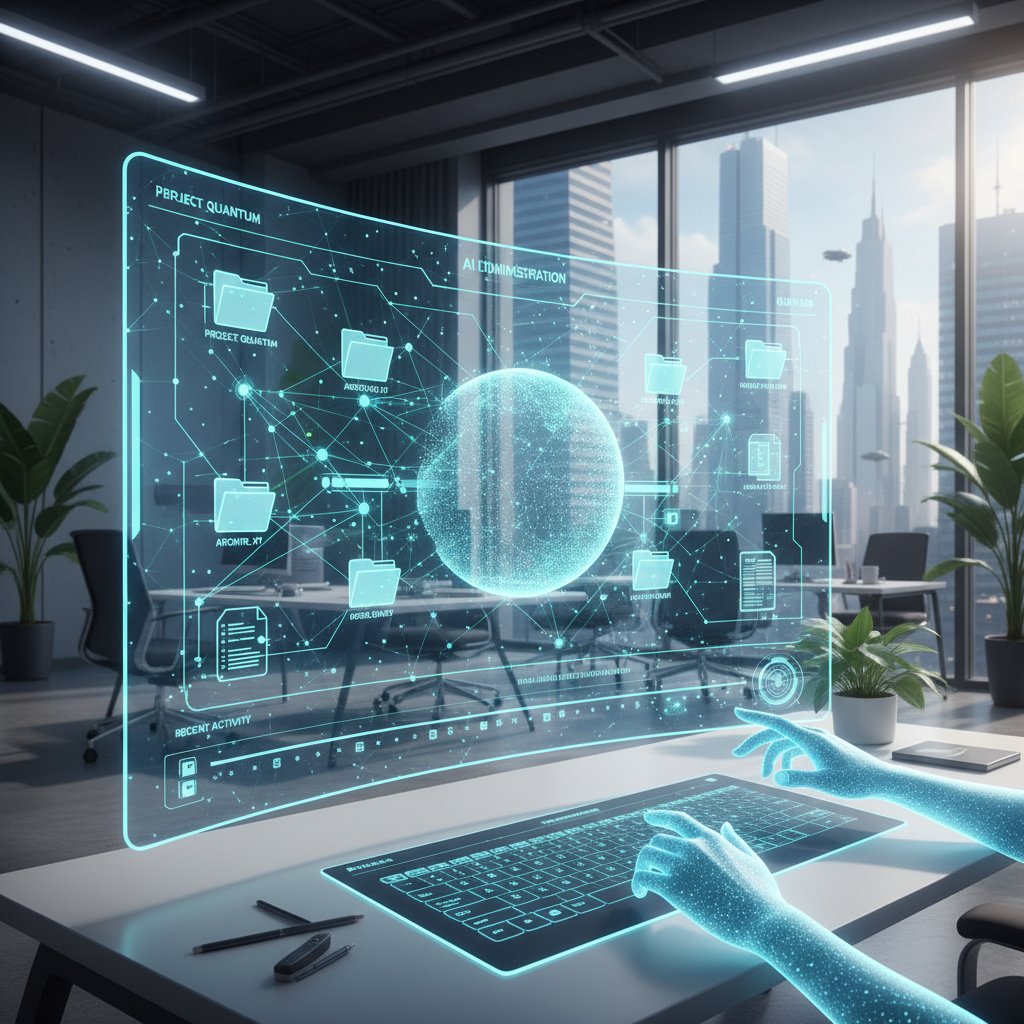 AI revolutionizing file administration with a futuristic interface and digital workspace