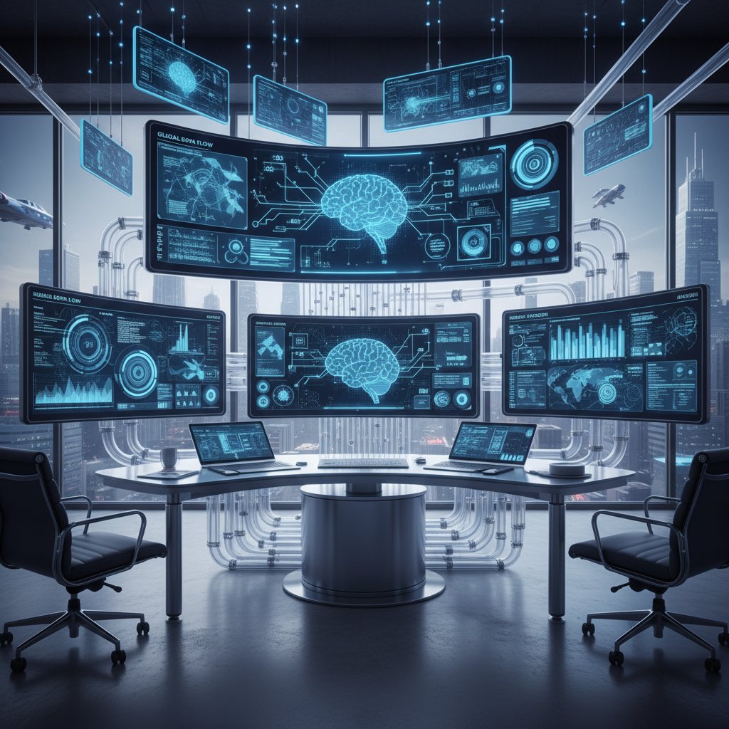 Futuristic AI analytics workspace with transparent digital screens showing data pipelines and machine learning components, sleek and modern, demonstrating how automated insight engines operate better than manual analysis