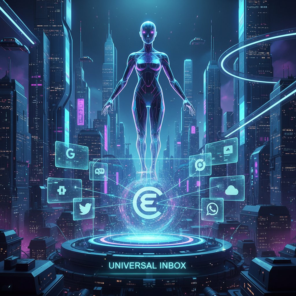 Futuristic digital art of an AI assistant seamlessly communicating across devices and platforms. Alt: AI shaping the future of email productivity tools and automation.