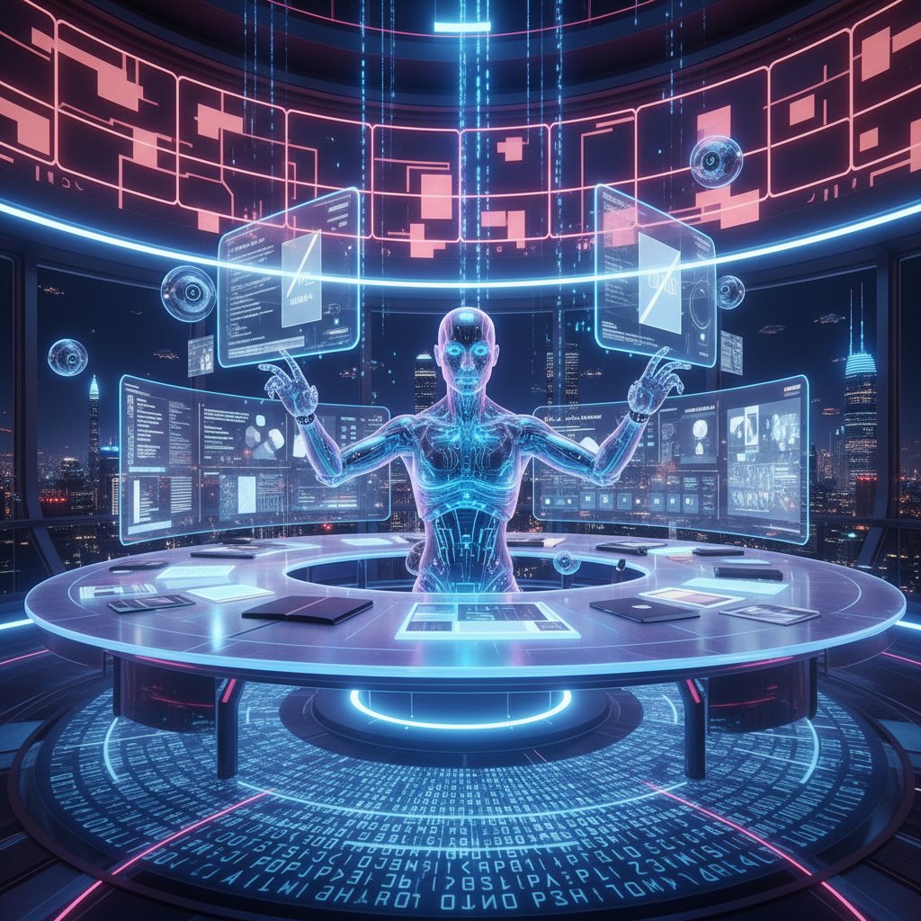 Futuristic AI assistant in advanced digital publishing environment, glowing virtual workspace, symbolizing the next generation of research tools