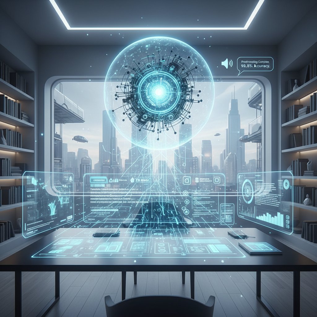 Futuristic AI assistant with multiple data streams for academic proofreading