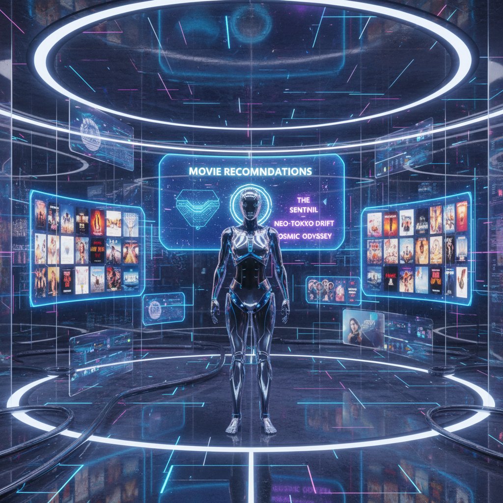 Futuristic AI assistant making movie suggestions in a high-tech room, representing the evolution of AI-powered recommendations