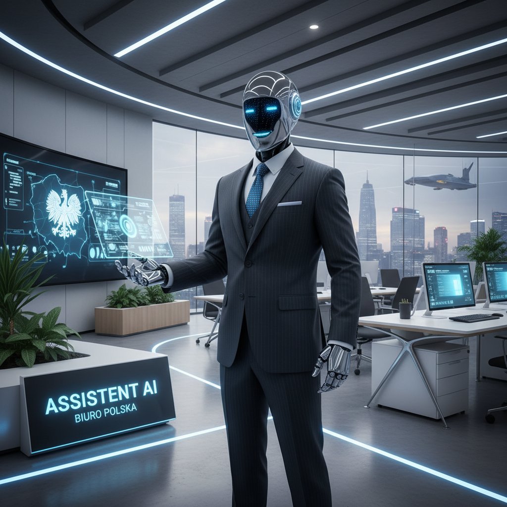 AI asystent raportujący w biurze w Polsce, przy laptopie, nowoczesne wnętrze