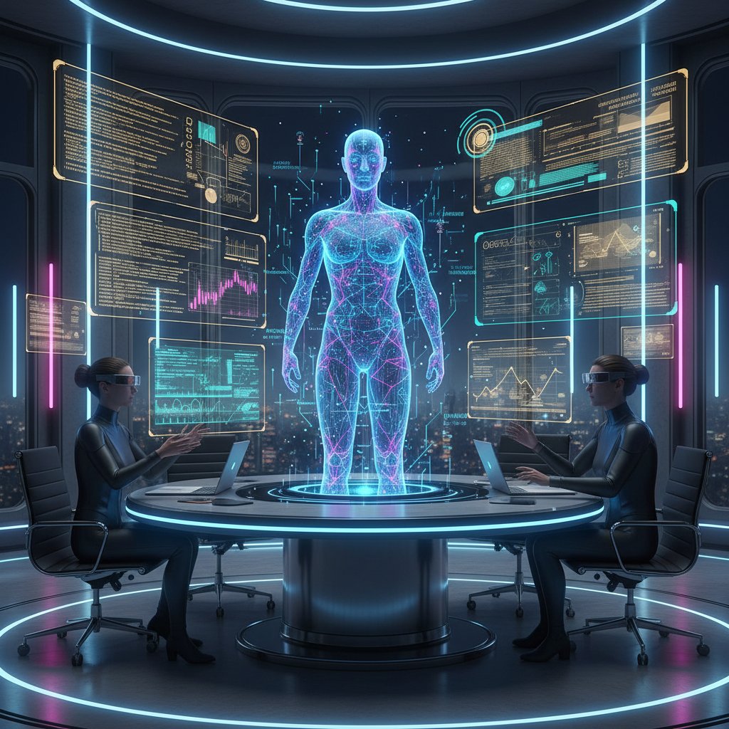 Hologram asystenta AI pomiędzy negocjującymi osobami, bezpieczeństwo cyfrowych relacji